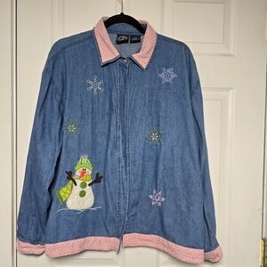 Denim Christmas Shacket XXL–Snowman Embroidered Applique-100% Cotton